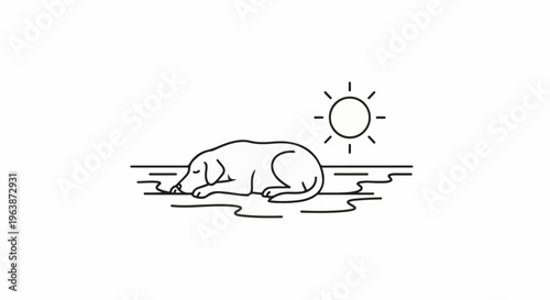 A sleeping dog rests on wavy ground under a bright sun in this outline illustration