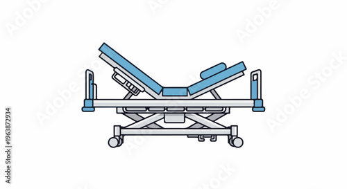 A clean, flat illustration of a modern adjustable hospital gurney with blue padding and wheels