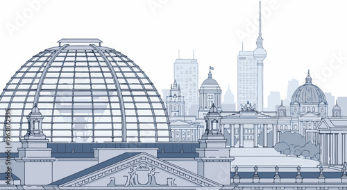 A stylized cityscape featuring a large glass dome, tall buildings, and classic architecture