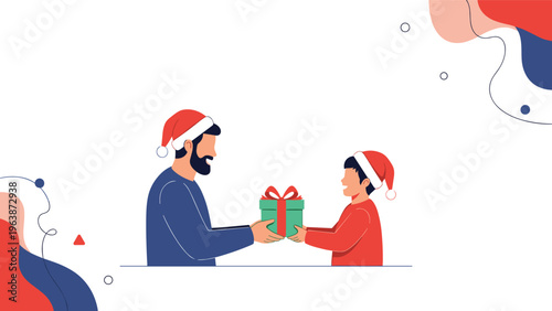 Smiling father wearing a red Santa hat gives a wrapped Christmas gift to his happy young son in a festive scene.
