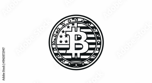 A stylized coin with an American flag design and a prominent cryptocurrency symbol