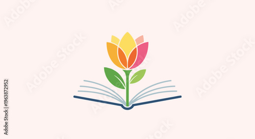 A stylized colorful flower blooms from an open book on a light pink background