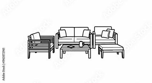 A line drawing of an outdoor furniture set featuring a sofa, armchairs, and coffee table