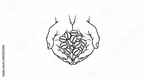A line drawing of two cupped hands holding a pile of coffee beans