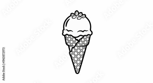 A line drawing of an ice cream cone with coffee beans on top