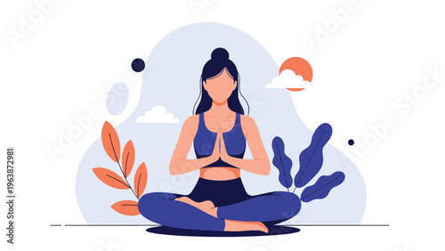Serene woman practicing yoga in a seated lotus position with hands together in prayer against a soft blue backdrop.