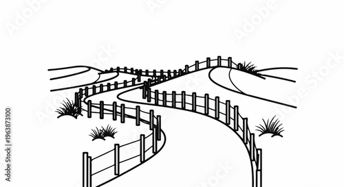 A winding path through a fenced landscape with sparse vegetation