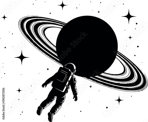 Astronaut Floating Near Planet With Visible Rings In Space