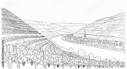 A winding river flows past a village nestled among steep, terraced vineyards