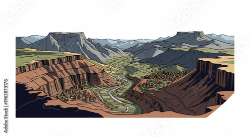 A winding river flows through a deep canyon with small settlements