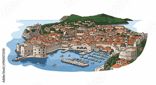 A picturesque walled city with red-tiled roofs and a bustling harbor filled with boats