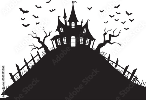 Haunted mansion silhouette with bats and dead trees vector art