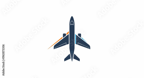 A stylized dark blue jet airplane with orange and blue wing accents
