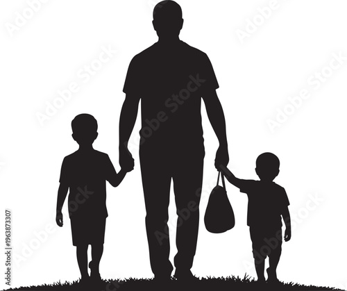 Father silhouette with two children holding hands walking on grass, vector illustration, outdoor activity