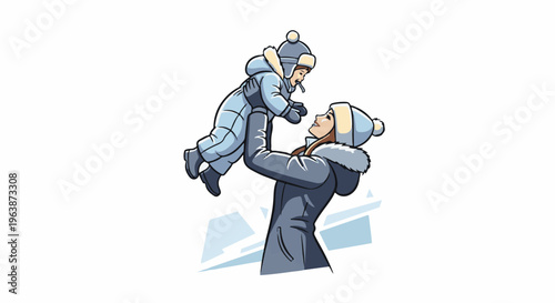 A woman joyfully tosses a bundled-up child in the air on a snowy day