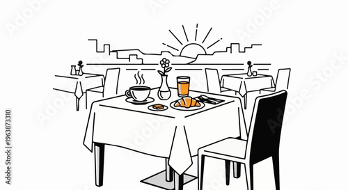 A table is set for breakfast with coffee, juice, and pastry under a sunrise cityscape