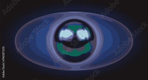 Abstract, layered, dark, digital eye-like shape with blue and green hues