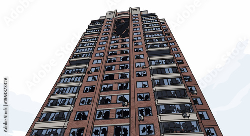 A tall, brick apartment building with many broken windows