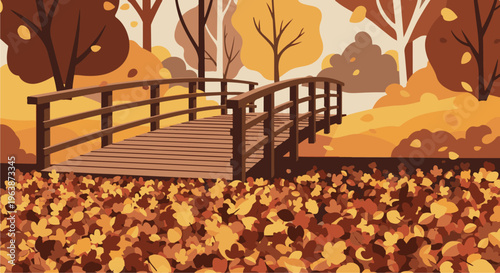 A wooden bridge over a path covered in fallen leaves in autumn