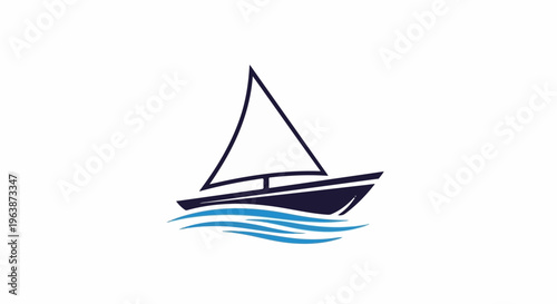 A stylized dark blue sailboat with a triangular sail on blue ocean waves