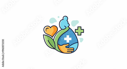 Abstract medical symbol with heart, leaf, drop and plus