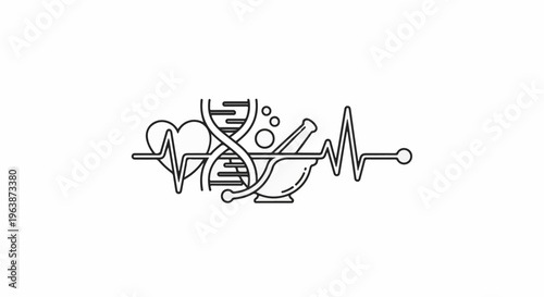 Abstract medical symbols ECG, DNA, mortar and pestle, heart