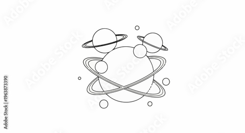 Abstract minimalist line art depiction of a celestial solar system