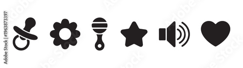 Set of baby related vector icons, collection of pacifier, flower, rattle, star, sound, and heart.