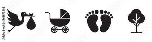 Set of black silhouettes including a stork, baby stroller, footprints, and a tree on white background.