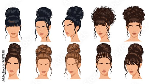 Set of female heads with various elegant updo hairstyles and buns in different hair colors like black, brown, and brunette.