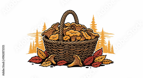 A woven basket overflowing with golden chanterelle mushrooms beside autumn leaves