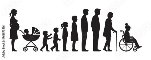 Human life cycle silhouettes showing pregnancy baby stroller toddler child teenager adult elderly and disabled.