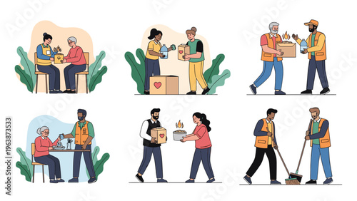 People volunteering to help the community by providing food, water, and cleaning services to elderly people and those in need.