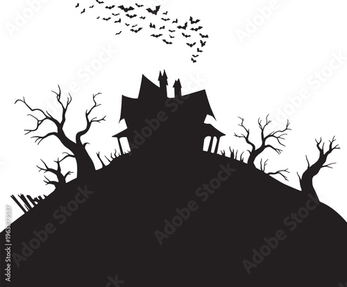 Haunted house silhouette on hill with bats flying, vector illustration