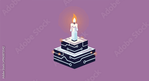 A lit candle on a futuristic tiered cake with circuit board designs