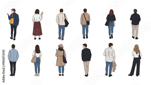 Back view of diverse people walking or standing including men and women in various casual and professional clothing styles.