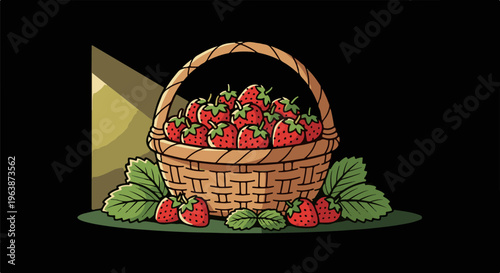 A woven basket overflows with plump, ripe strawberries, some scattered around