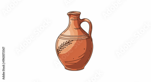 A terracotta jug with a handle, adorned with etched leaf designs and horizontal lines