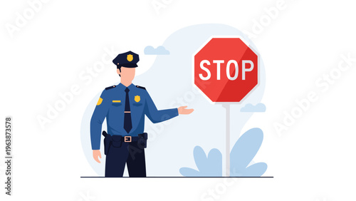 Police officer in uniform gesturing towards a red hexagonal stop sign as a message for safety and law enforcement on the road.