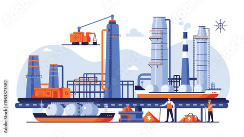 Industrial plant or shipyard facility with silos cranes and shipping vessels for large scale manufacturing and transportation.