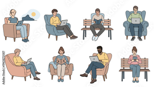 Set of people in casual clothing sitting in chairs or on benches reading books and using digital devices like laptops and tablets.