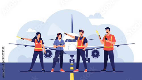 Ground crew at an airport guiding a large commercial airplane on the runway with signal batons and communication equipment.