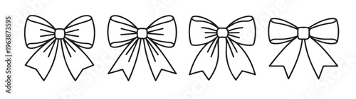 Gift bow ribbon line art set with four different styles of knotted festive decor for holiday package wrapping.