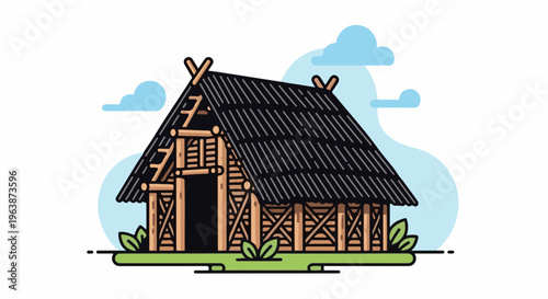 A thatched-roof wooden structure stands on grassy ground under clouds