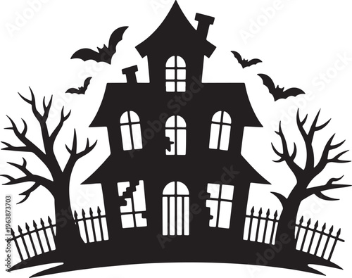 Spooky haunted house silhouette with bats and bare trees for halloween celebrations