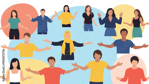 Collection of diverse people gesturing with open arms against colorful backgrounds representing openness welcome and inclusion.