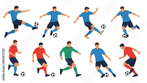 Vector illustrations of male soccer players wearing different jerseys and performing various actions like kicking and dribbling.