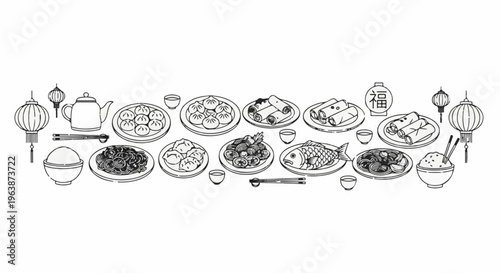 A traditional Asian banquet spread with assorted dishes, lanterns, and tea