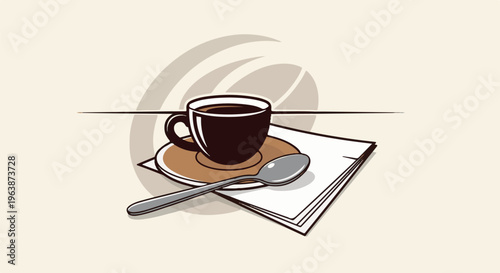 A dark cup of coffee with a spoon on a saucer and napkin