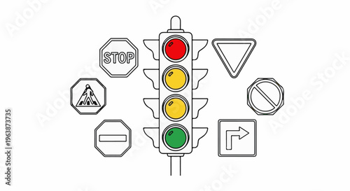 A traffic signal with red, yellow, and green lights, surrounded by various road signs